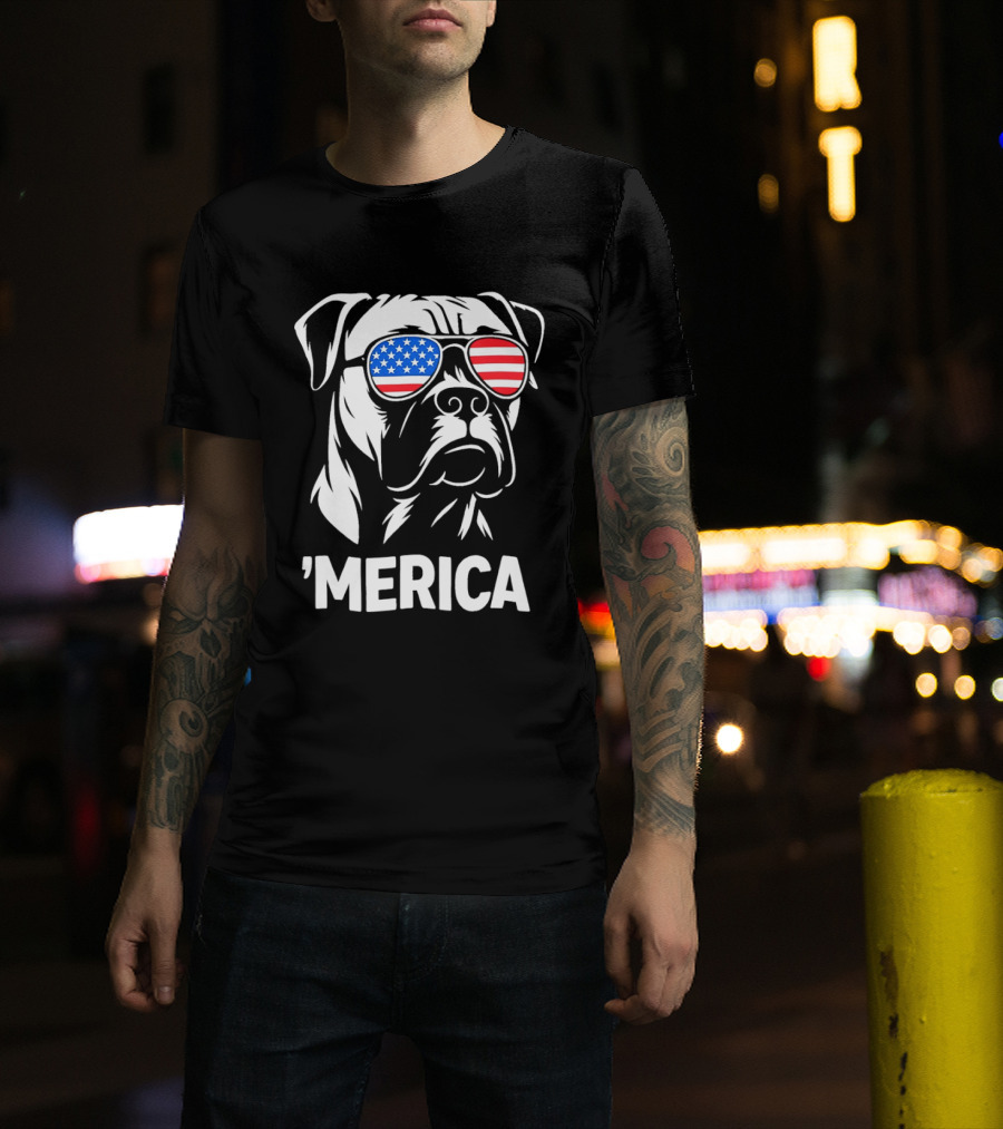 American Bulldog With USA Flag Sunglasses 'Merica T-Shirt