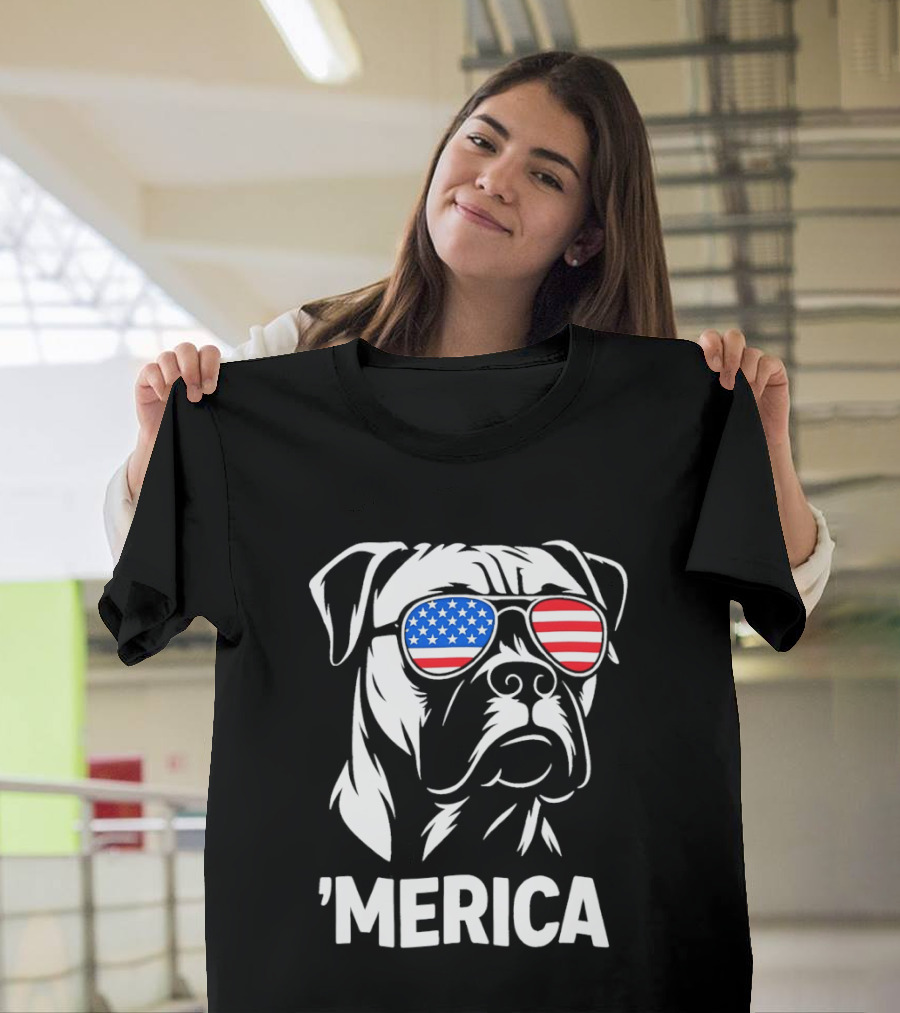 American Bulldog With USA Flag Sunglasses 'Merica T-Shirt
