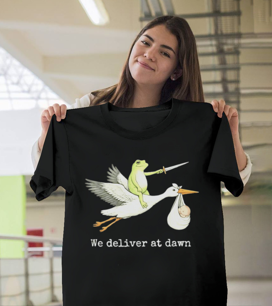 Frog Riding Stork With Sword We Deliver At Dawn T-Shirt