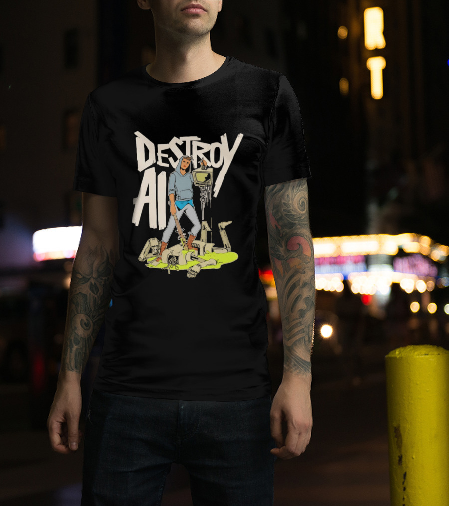 Destroy AI Sci Fi Cyberpunk Robot Resistance Heroic Battle Scene T-Shirt