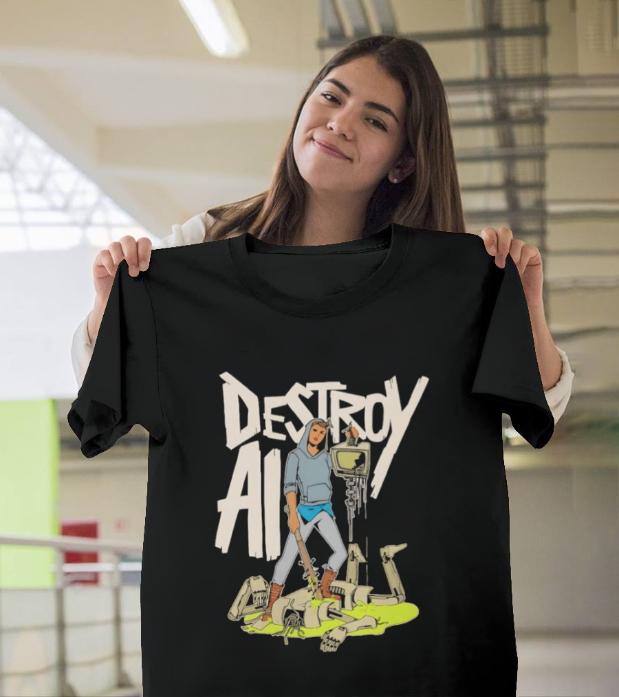 Destroy AI Sci Fi Cyberpunk Robot Resistance Heroic Battle Scene T-Shirt