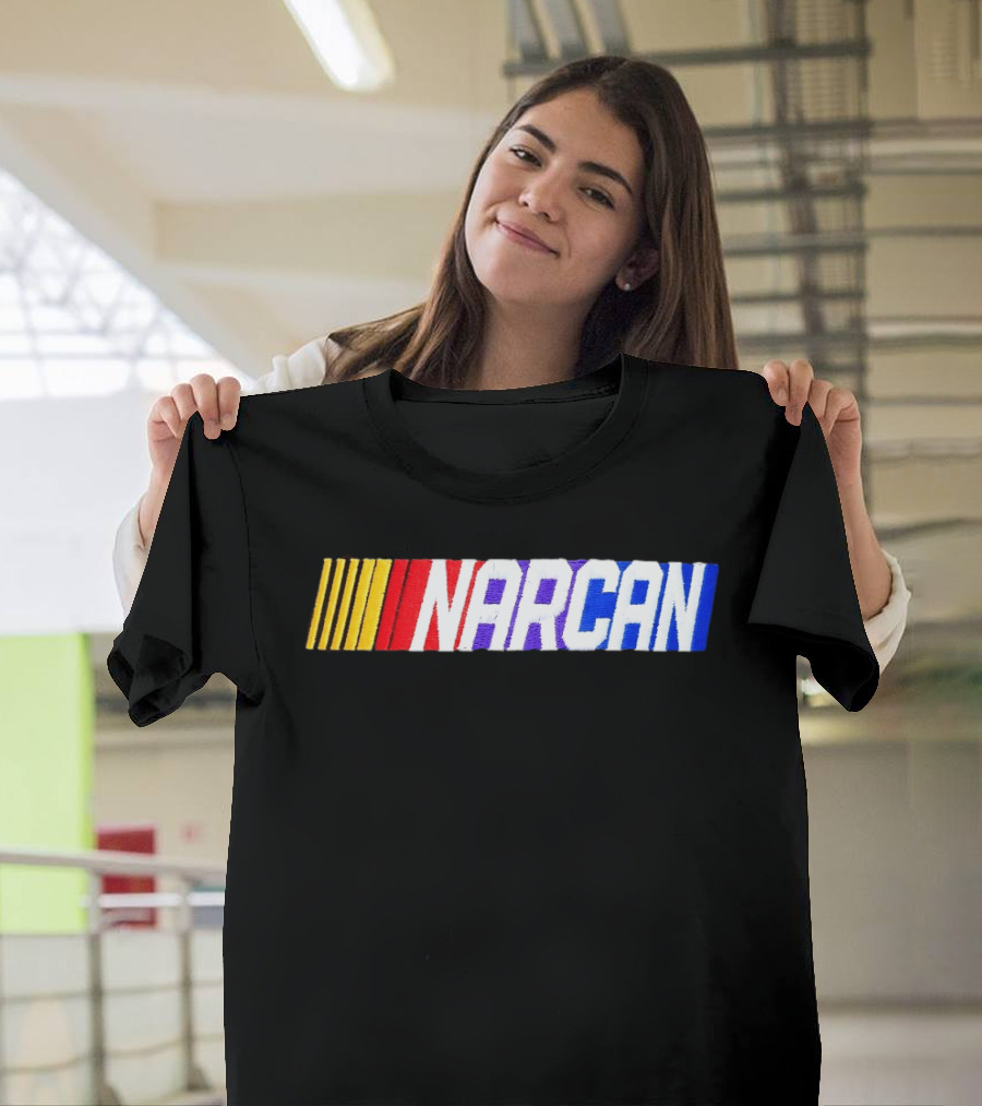 NASCAR Style NARCAN Text With Racing Stripes T-Shirt