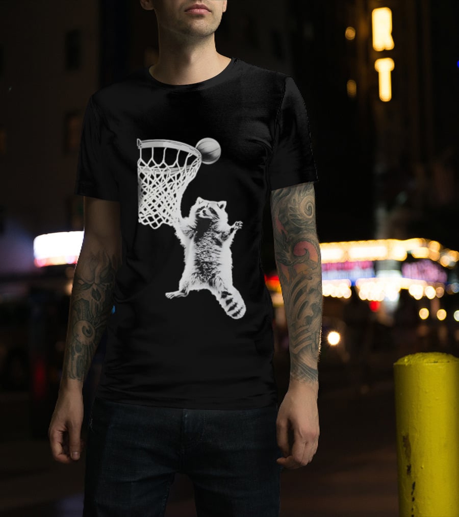 Raccoon Dunking Basketball Fun Animal Sports Play T-Shirt