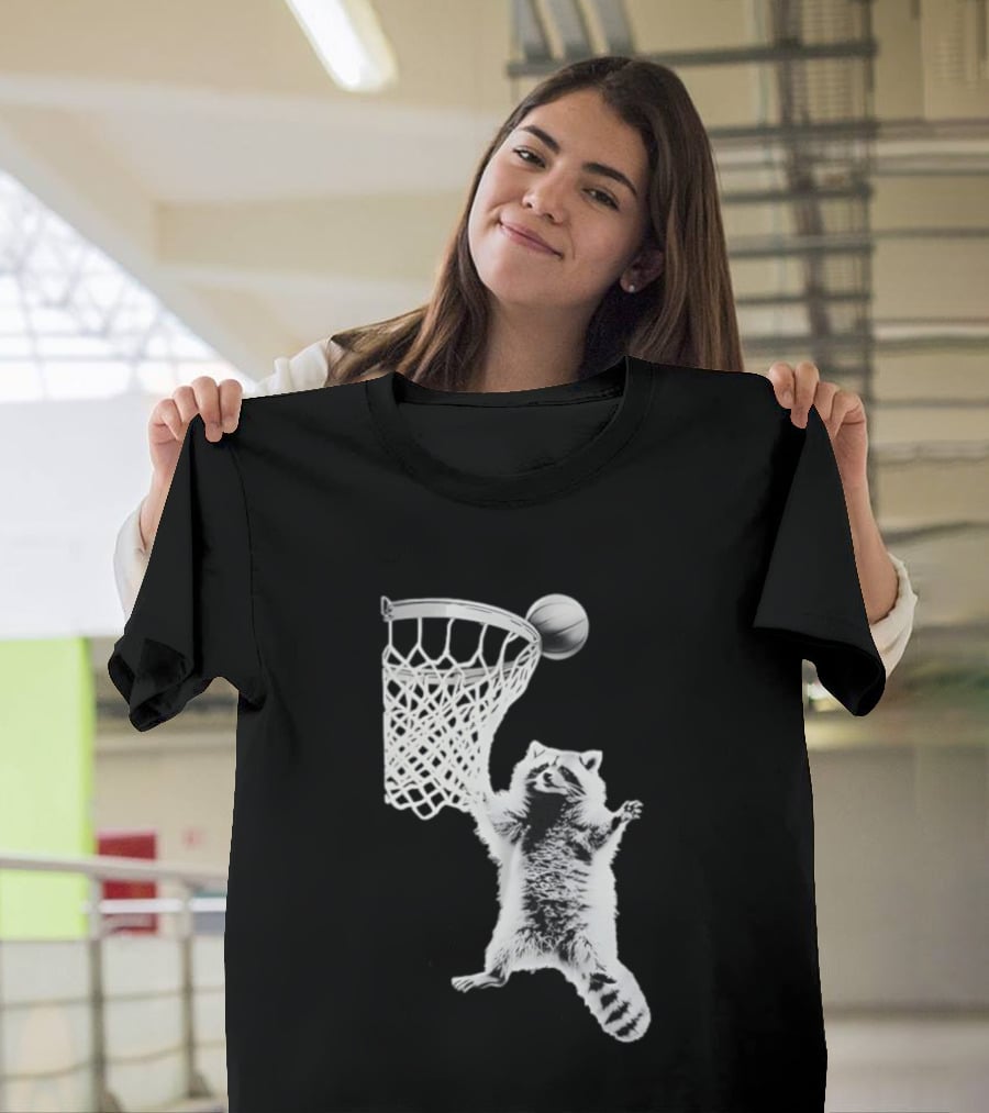 Raccoon Dunking Basketball Fun Animal Sports Play T-Shirt