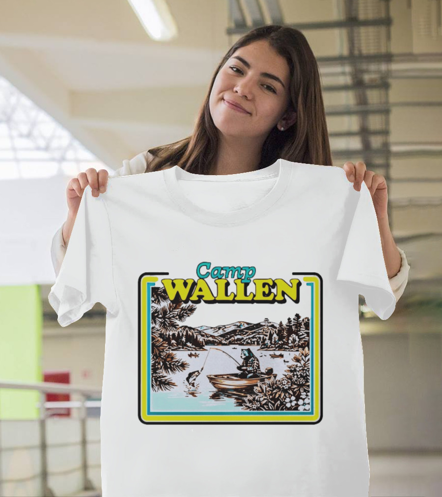Camp Wallen Bear Fishing In Lake And Mountains Scene T-Shirt
