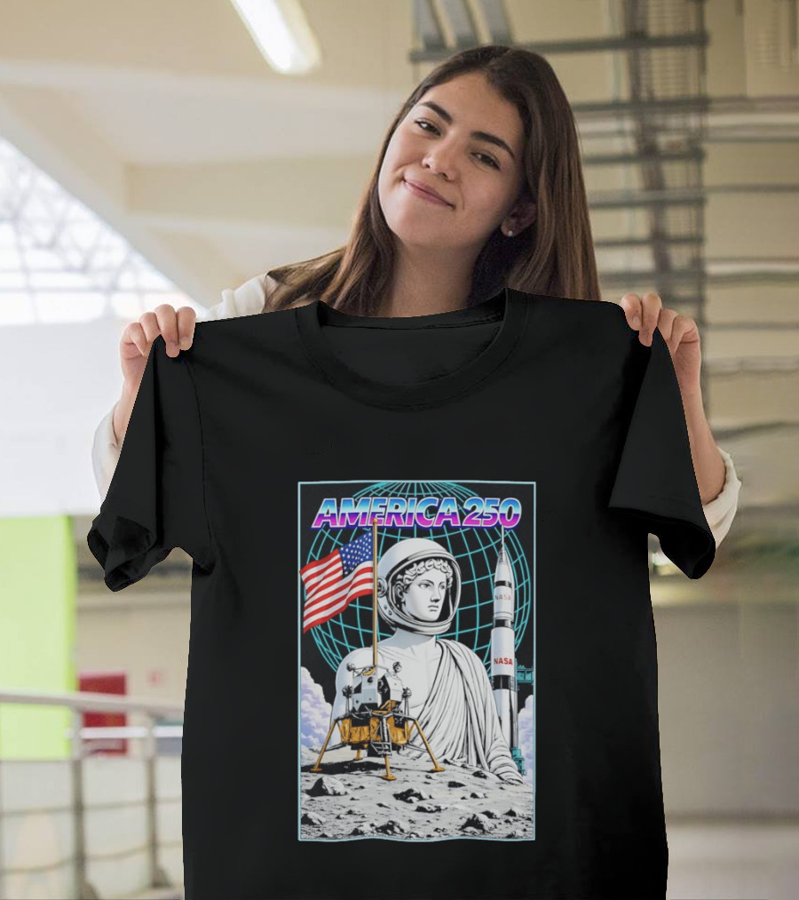 America 250 Apollo Space Rocket NASA Flag Astronaut Statue Moon T-Shirt