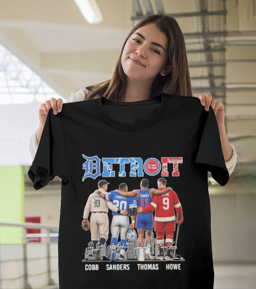 Detroit Icons Ty Cobb Barry Sanders Isiah Thomas Gordie Howe Signatures Skyline T-Shirt