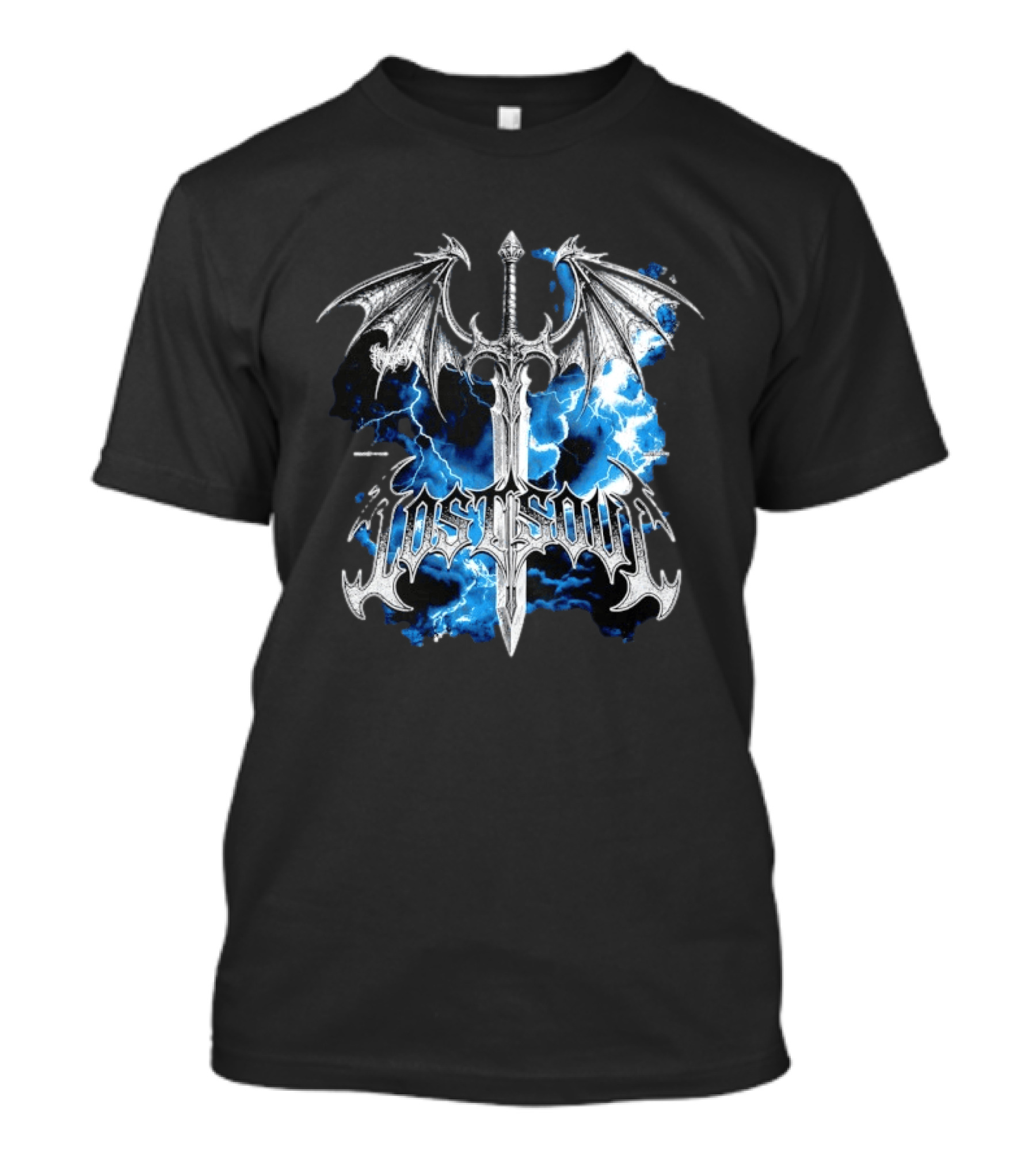 Lost Soul Gothic Sword With Wings And Blue Lightning T-Shirt