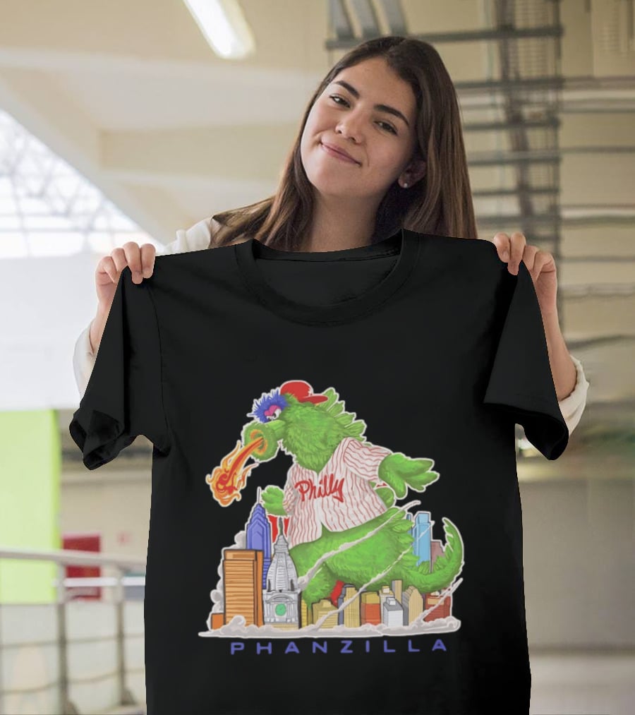 Phillie Phanatic Phanzilla Cityscape Fire Breathing Baseball T-Shirt