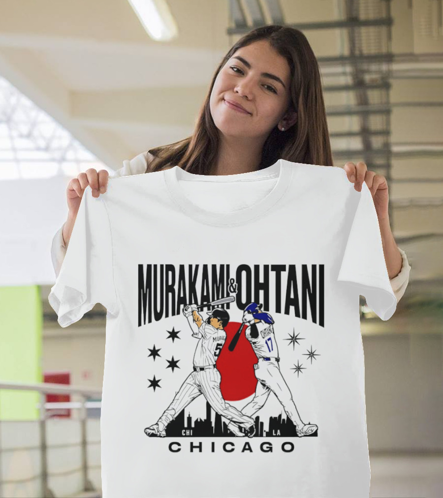 Murakami Ohtani Chicago Baseball Crossed Bats Skyline Stars Red Sun Japan T-Shirt
