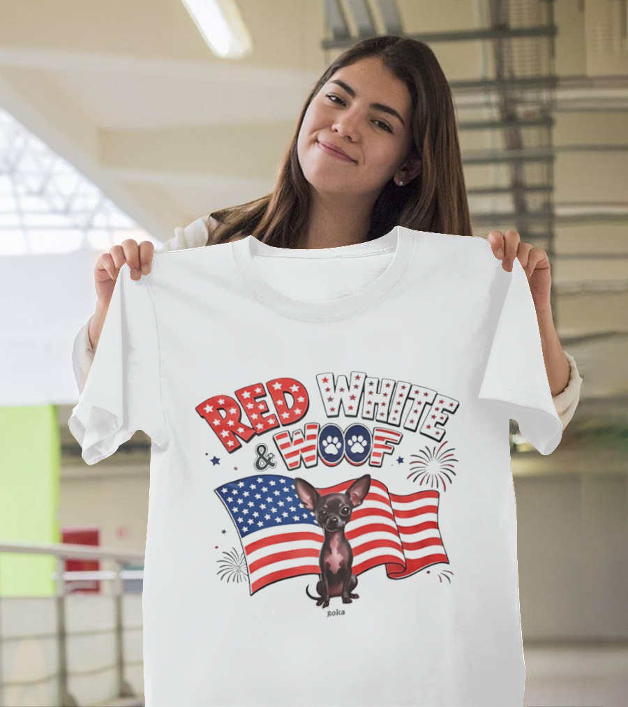 Chihuahua Red White And Woof US Flag Fireworks Celebration T-Shirt