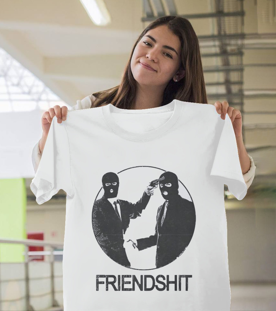 FRIENDSHIT Ski Mask Men Handshaking Gun Gesture T-Shirt