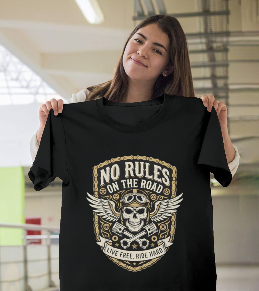 No Rules On The Road Live Free Ride Hard Skull Wings Goggles T-Shirt