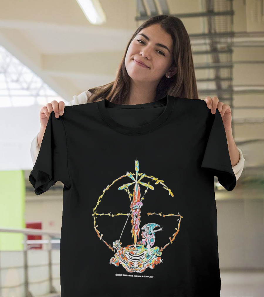 Psychedelic Skeleton Cross Barbed Wire Flowers T-Shirt
