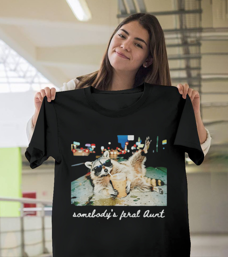 Somebody's Feral Aunt Raccoon Drinking Iced Coffee T-Shirt