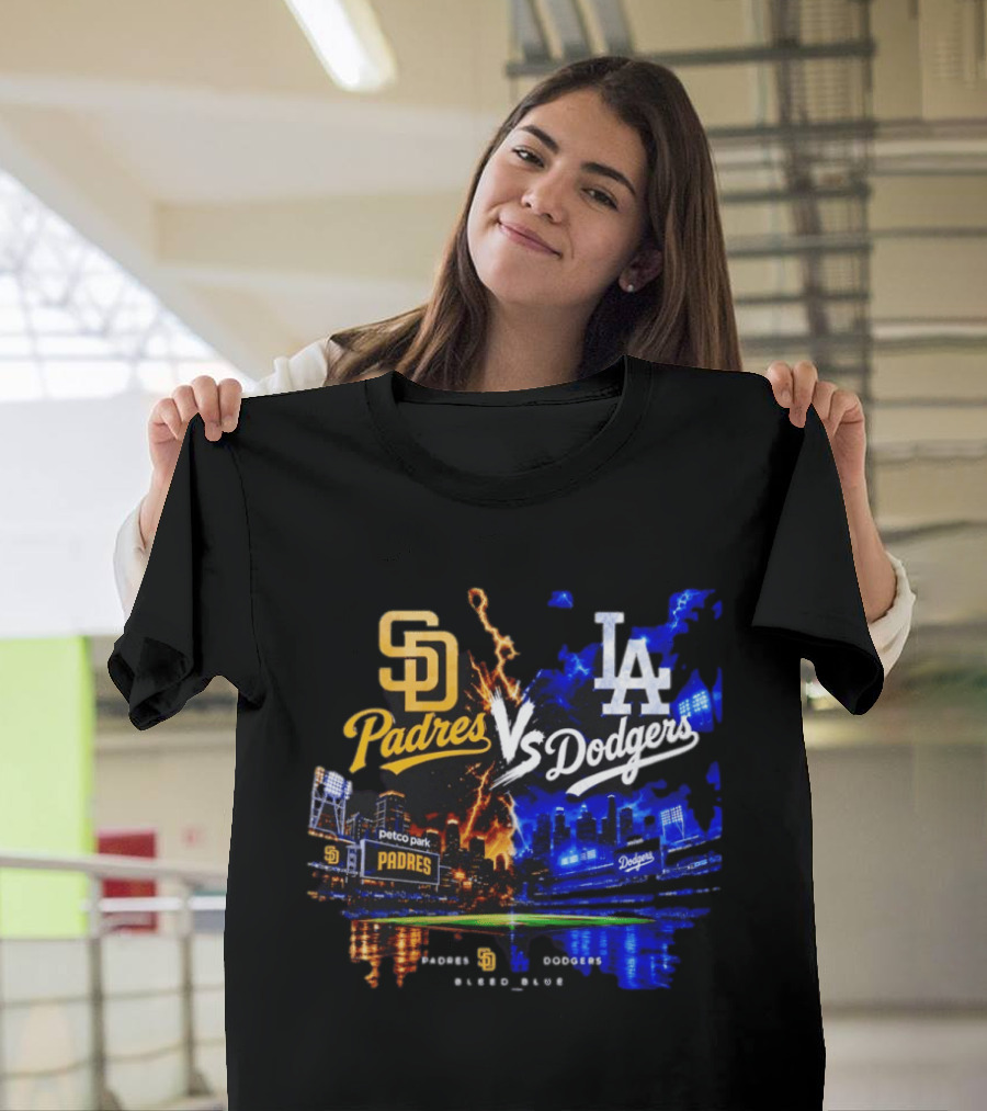 San Diego Padres Vs Los Angeles Dodgers Bleed Blue Petco Park Stadium Lightning T-Shirt
