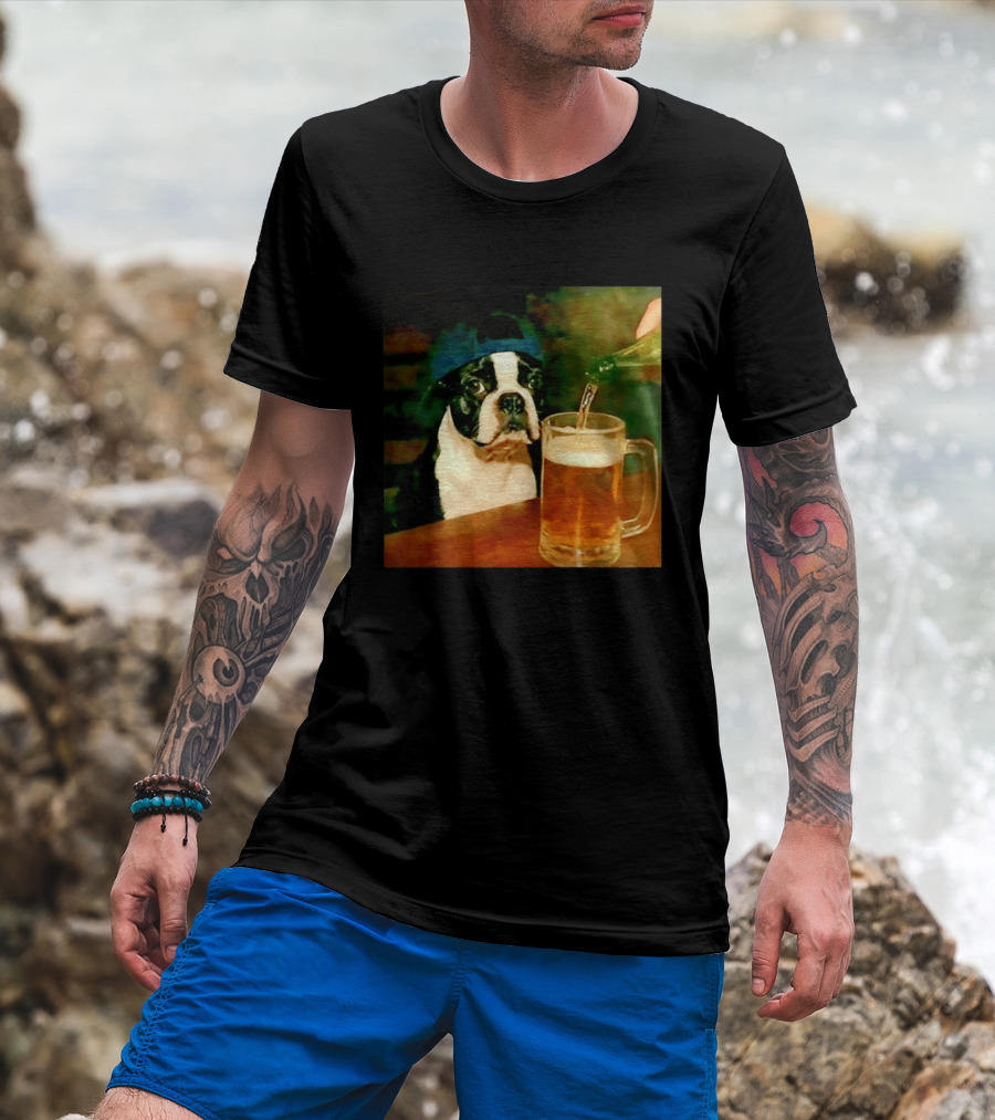 Boston Terrier Baseball Cap Drinking Beer T-Shirt