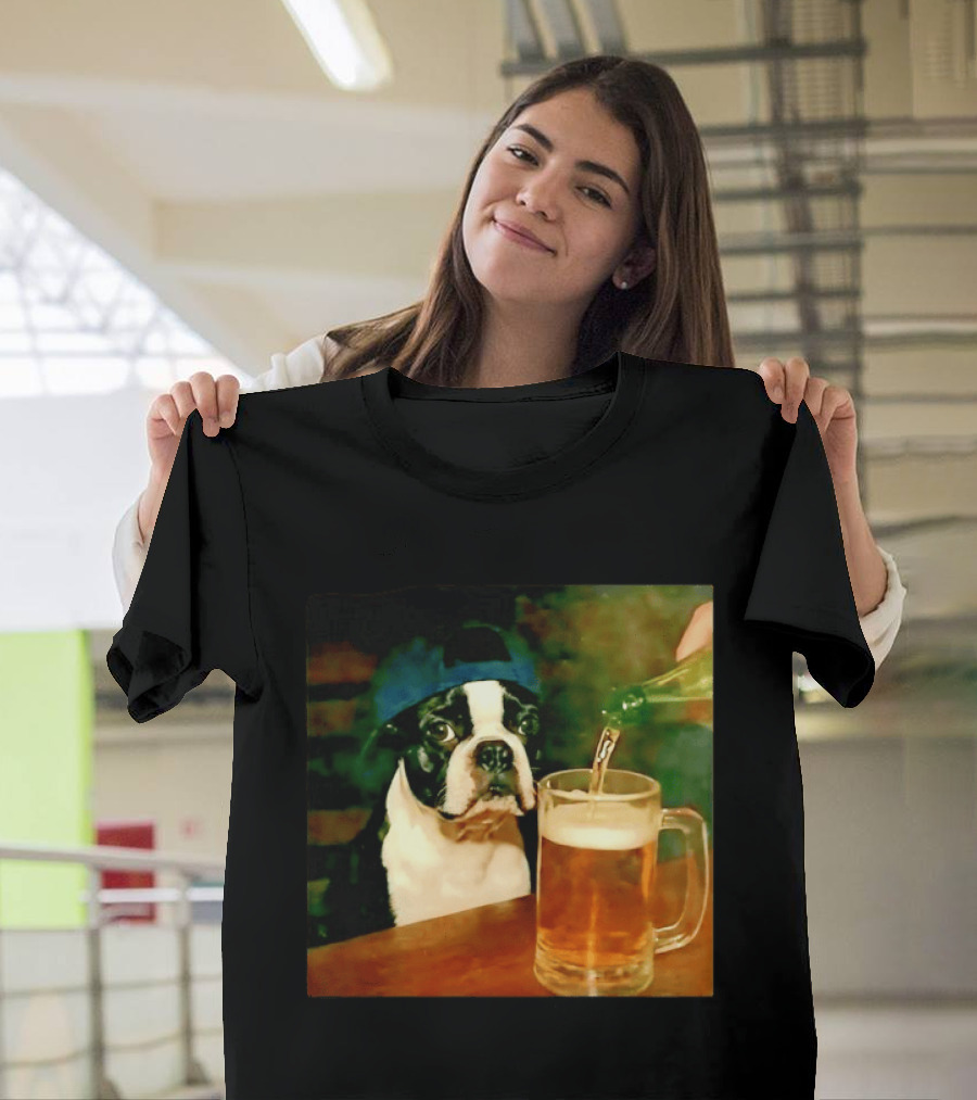 Boston Terrier Baseball Cap Drinking Beer T-Shirt