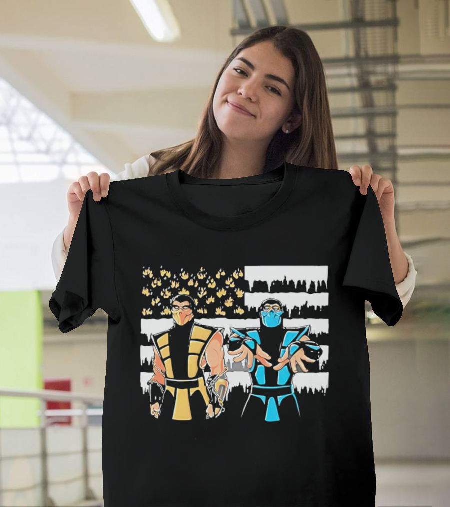 Mortal Kombat Scorpion Sub Zero Fire Ice American Flag T-Shirt