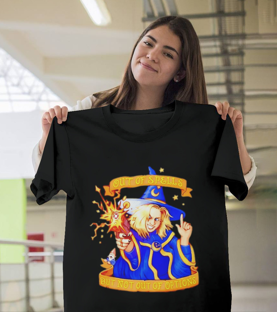 Greg The Sorcerer Out Of Spells Not Out Of Options Enchanting Wizard With Wand And Magic Aura T-Shirt