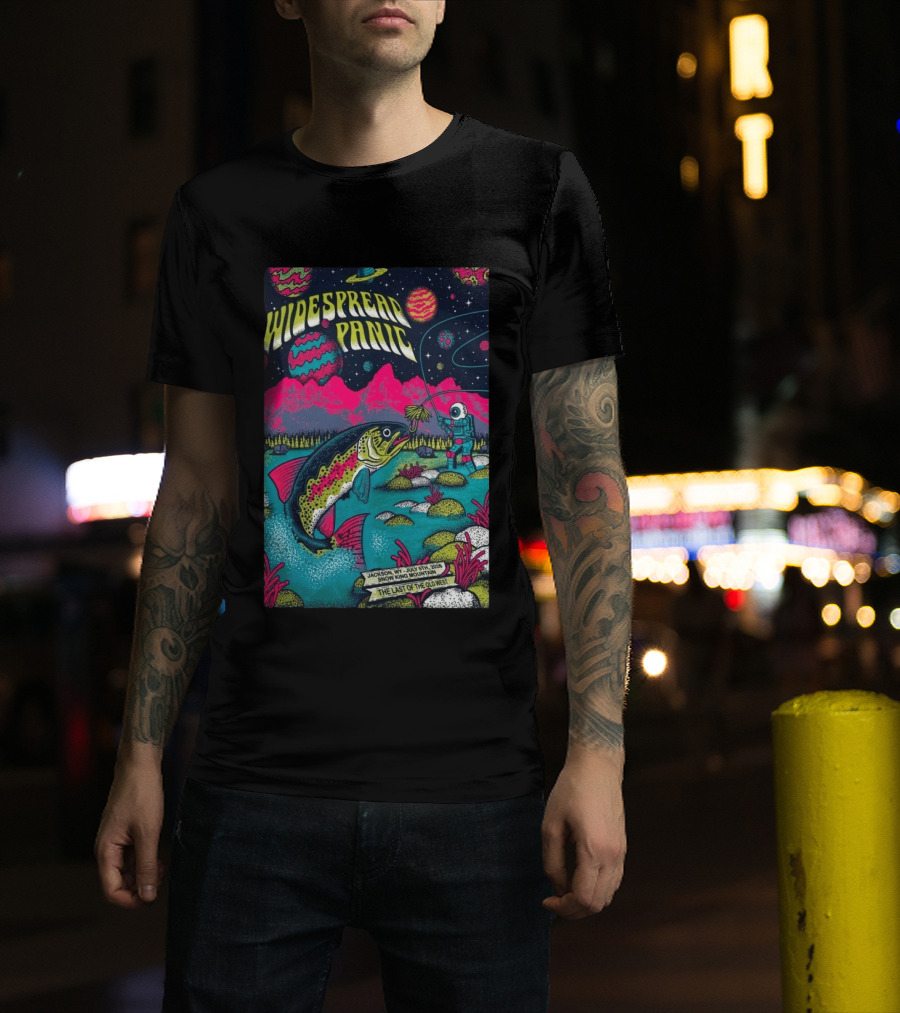 Widespread Panic Jul 5 2026 Snow King Mountain Jackson WY Cosmic Fishing Astronaut And Giant Fish Fantasy Scene T-Shirt