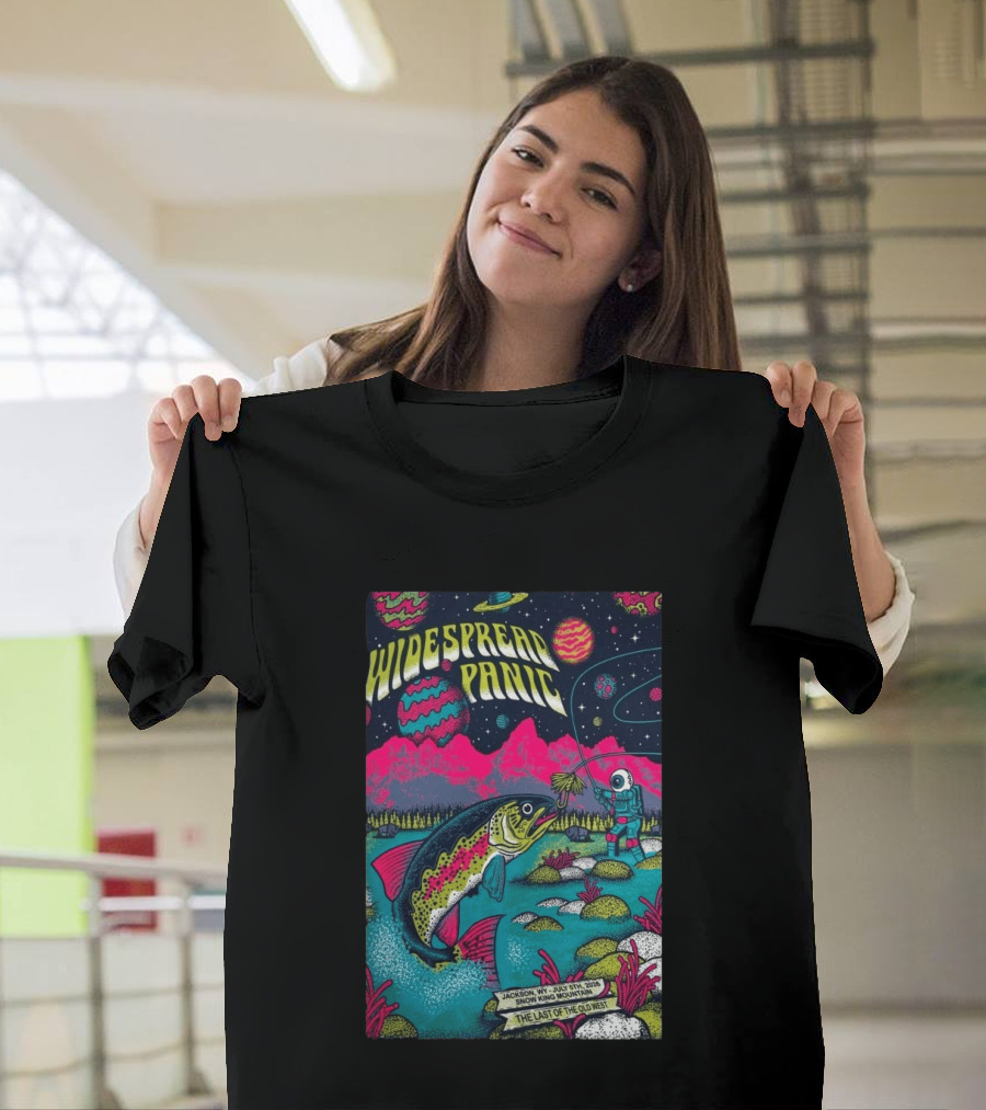 Widespread Panic Jul 5 2026 Snow King Mountain Jackson WY Cosmic Fishing Astronaut And Giant Fish Fantasy Scene T-Shirt