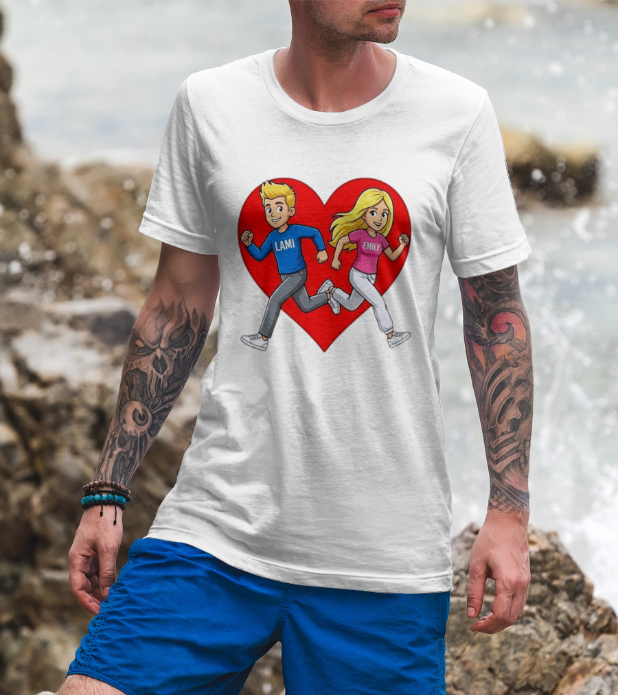 Lami And Emily Cartoon Couple Running With Heart T-Shirt