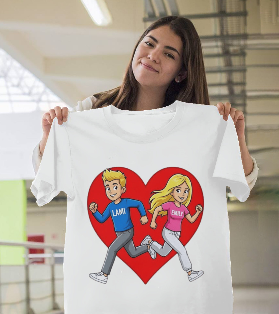 Lami And Emily Cartoon Couple Running With Heart T-Shirt