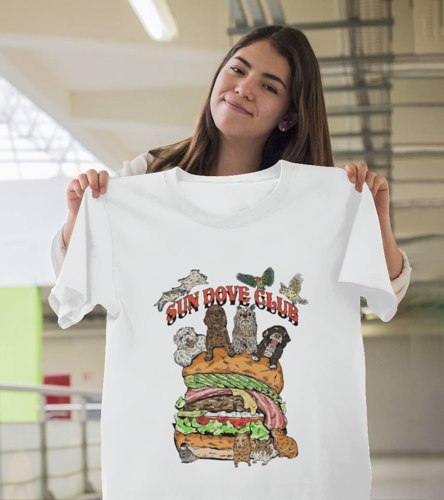 Sun Dove Club Animals On Giant Burger With Dogs And Birds T-Shirt