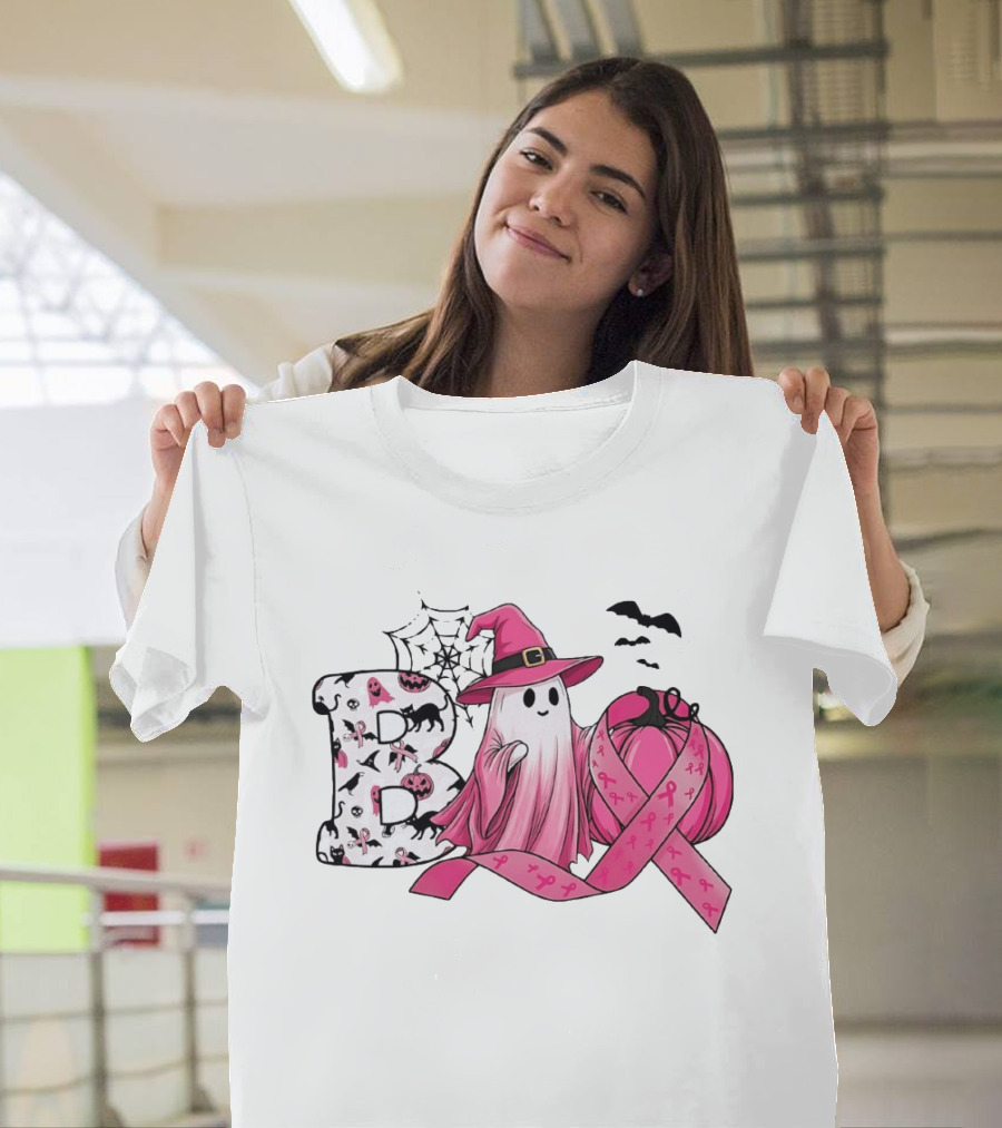 Boo Ghost Witch Pink Breast Cancer Ribbon Halloween Pumpkin T-Shirt