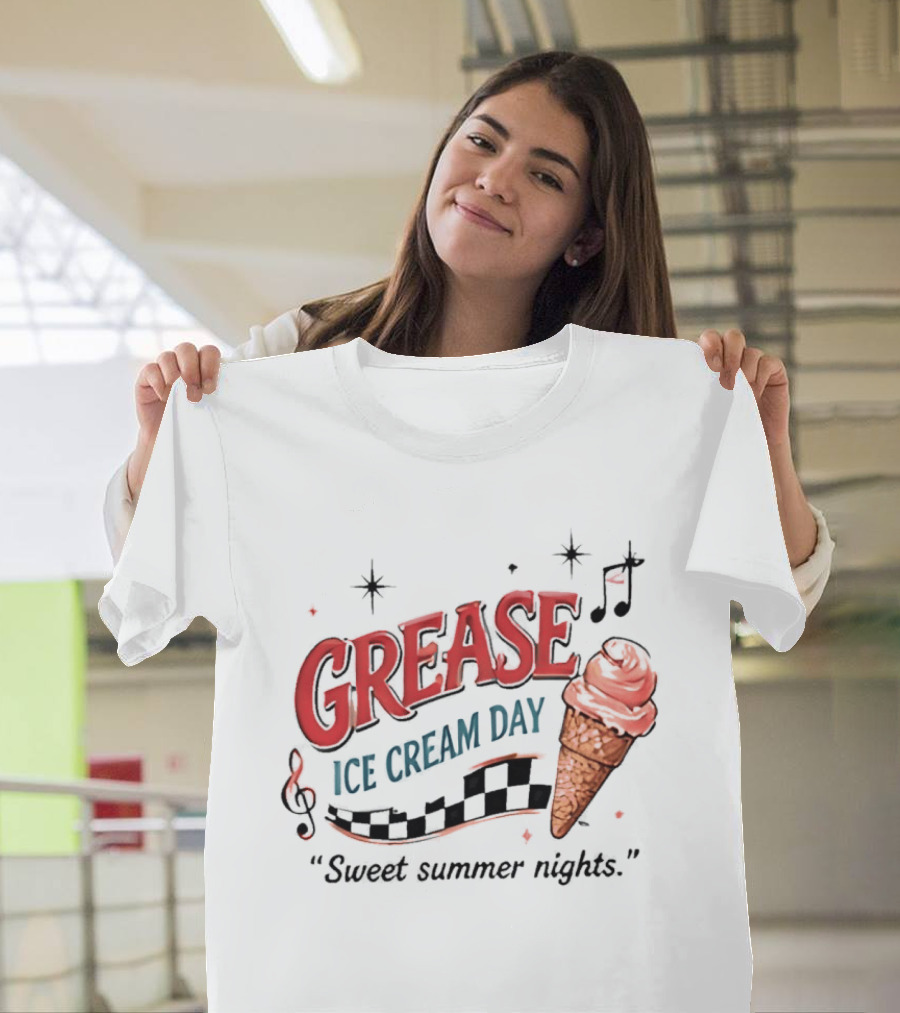 Grease Ice Cream Day Sweet Summer Nights Ice Cream Cone Music Notes Stars T-Shirt