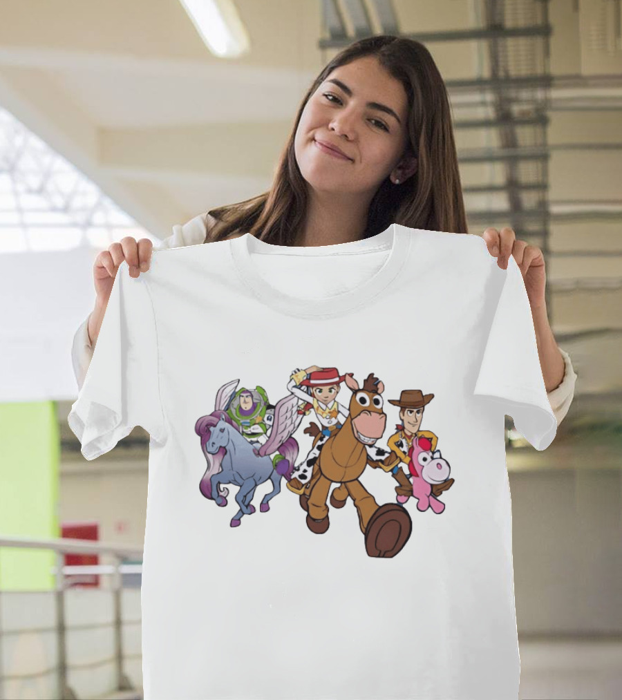 Buzz Lightyear Jessie Bullseye Woody And Buttercup Unicorn Toy Story Characters Running T-Shirt