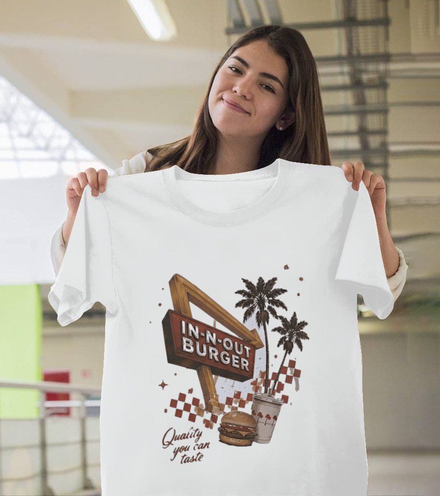 IN N OUT Burger Quality You Can Taste Sign With Palm Trees And Checkered T-Shirt