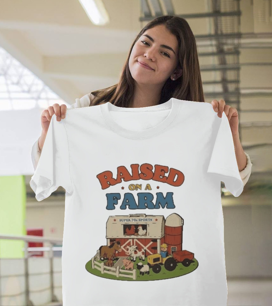Raised On A Farm Super 70s Sports Vintage Barnyard Scene With Tractor And Animals T-Shirt