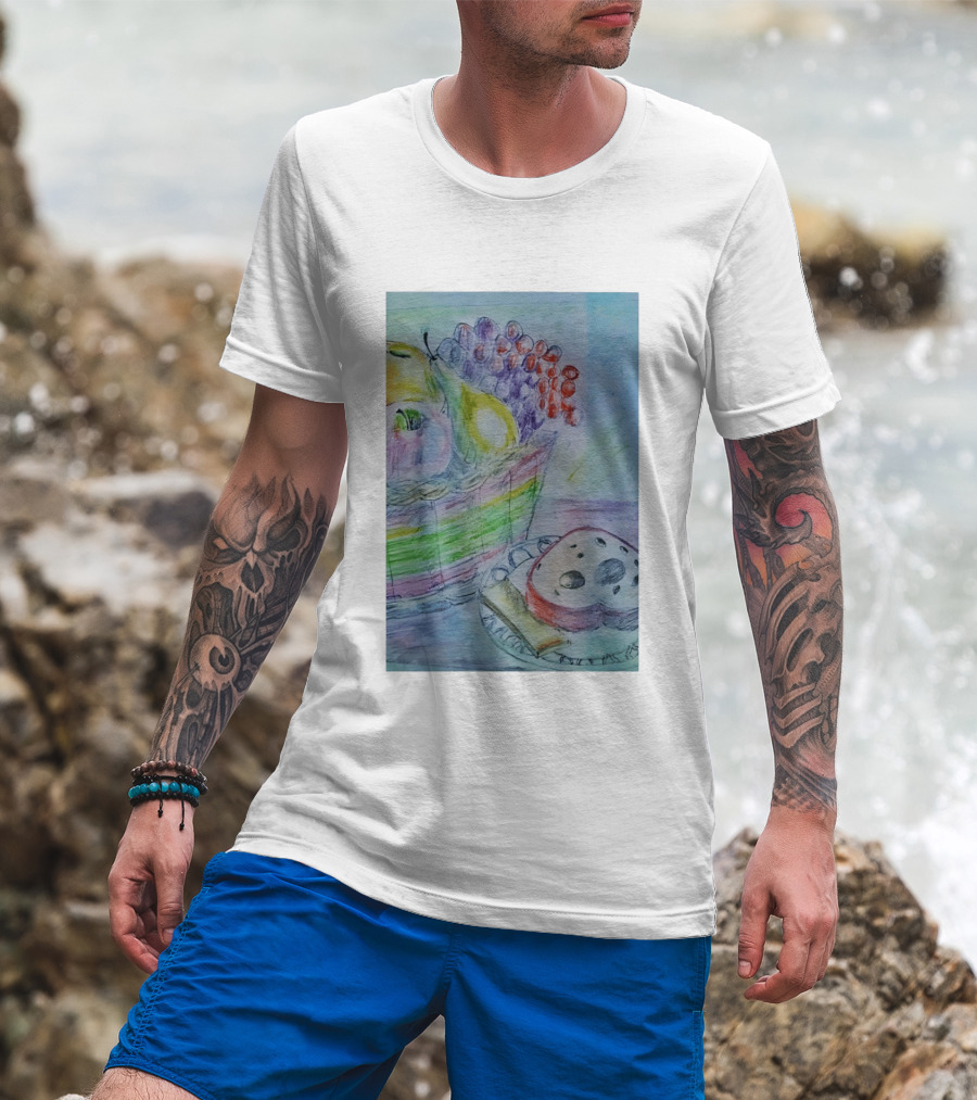Fruit Basket Bagel Still Life Drawing Pears Apples Grapes Bread T-Shirt