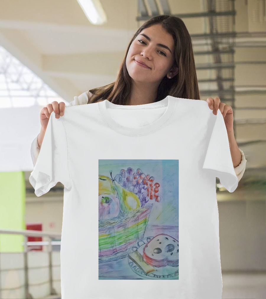 Fruit Basket Bagel Still Life Drawing Pears Apples Grapes Bread T-Shirt