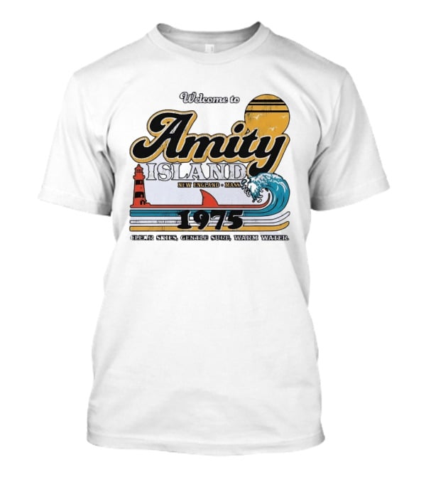 Welcome To Amity Island 1975 New England Massachusetts Lighthouse Wave Ocean Sun T-Shirt