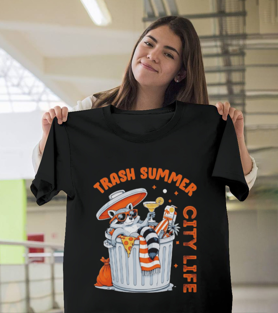 Trash Summer City Life Raccoon Enjoying Urban Vibes With Pizza And Martini T-Shirt