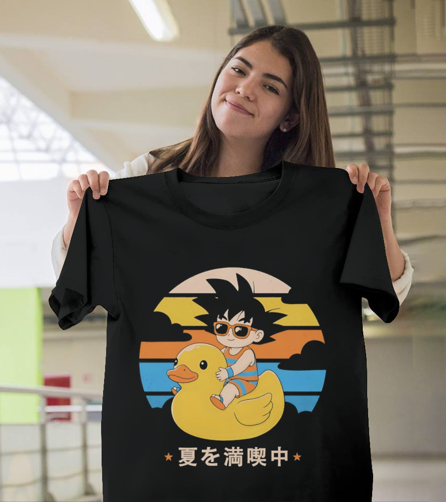 Young Goku Riding Rubber Duck At Sunset Enjoying Summer T-Shirt