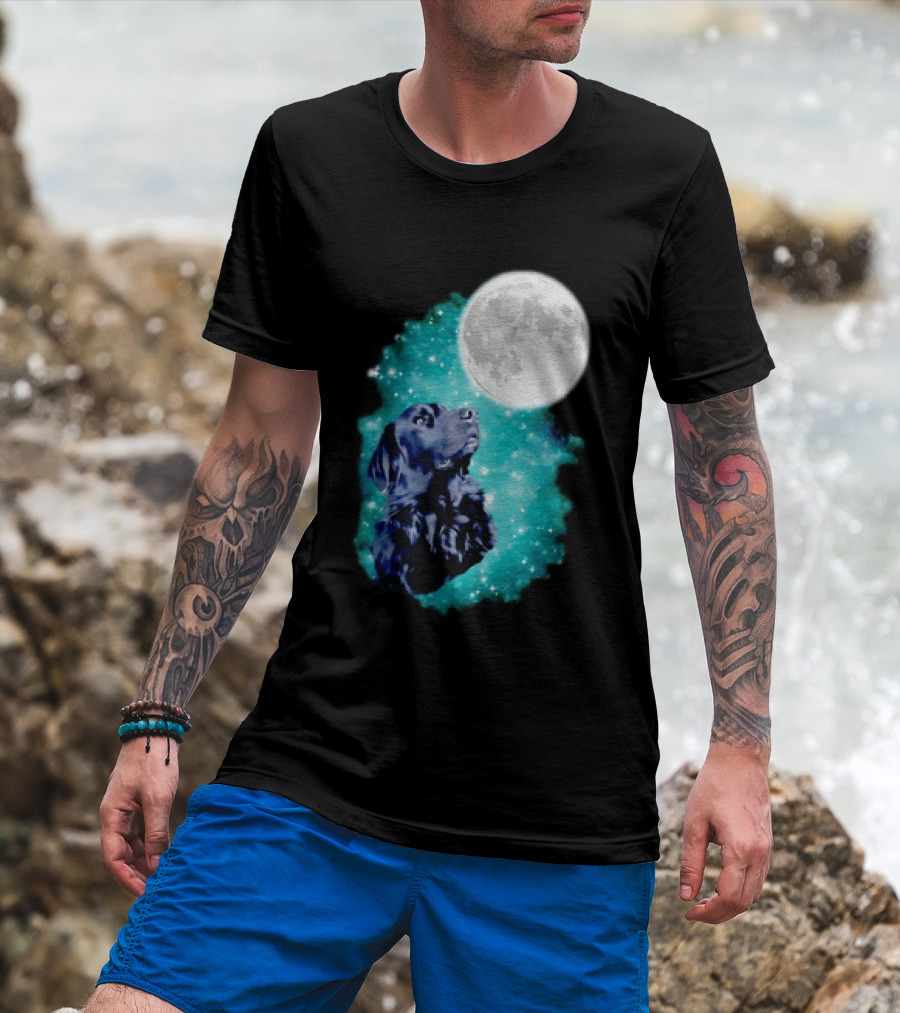 Black Dog Under Moon In Galaxy Space T-Shirt
