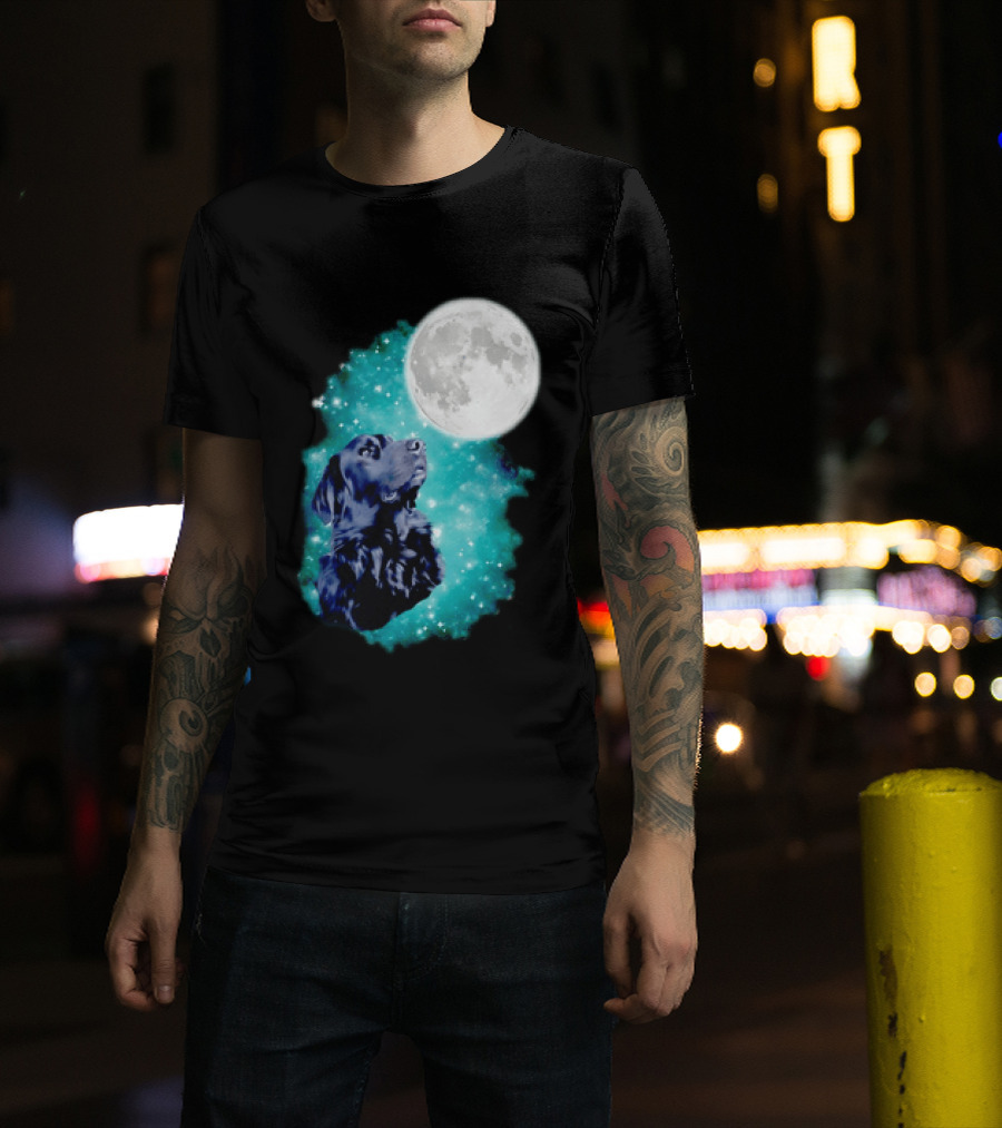 Black Dog Under Moon In Galaxy Space T-Shirt
