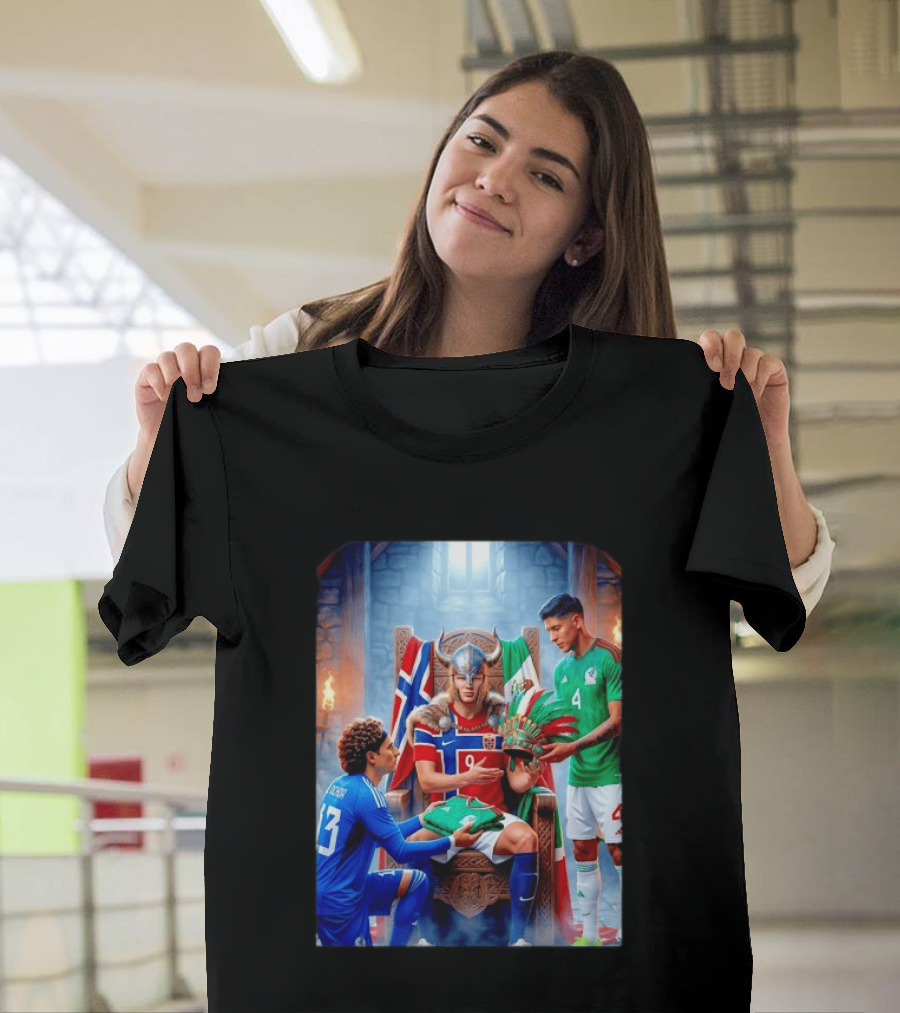 Guillermo Ochoa And Johan Vasquez Offering Mexico Jersey To Viking Erling Haaland With Norway Flag In Throne Room T-Shirt