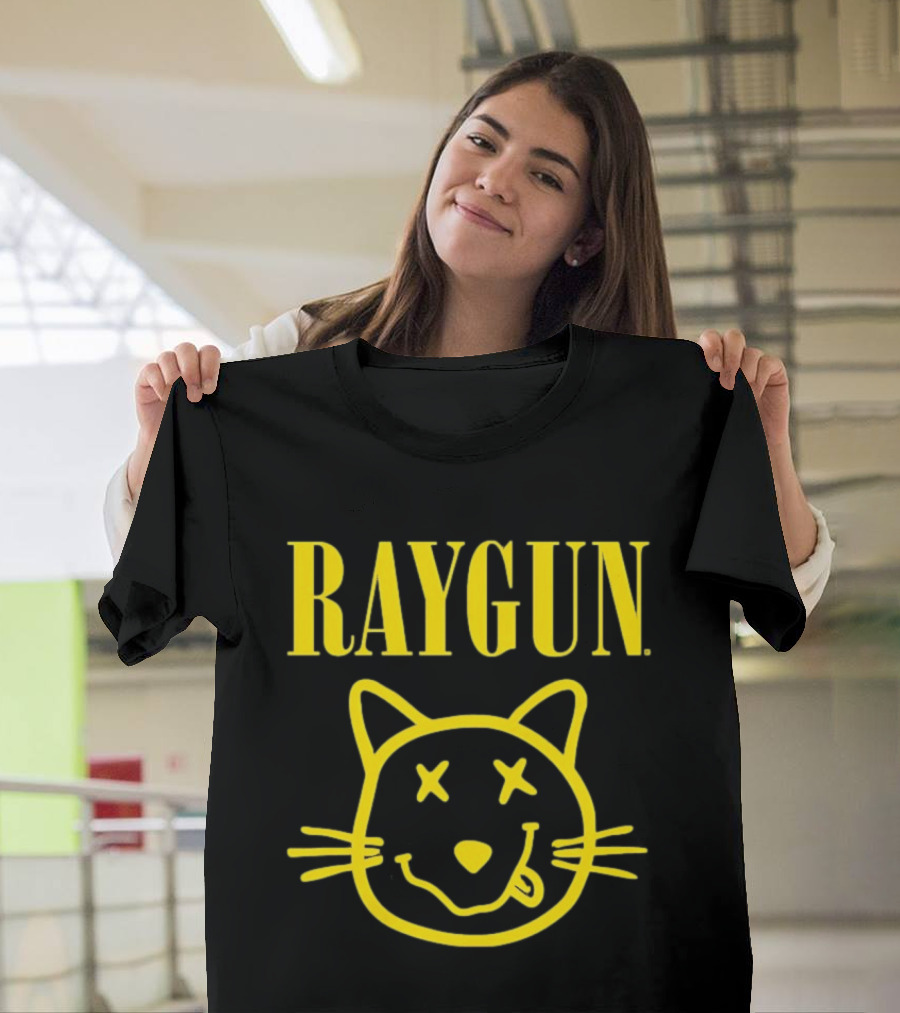 Raygun Smiley Cat Face Neon Yellow Quirky Expression T-Shirt