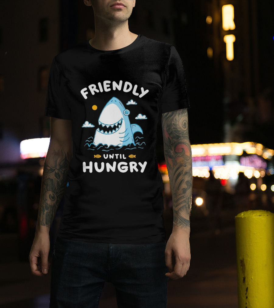Friendly Shark Grinning Until Hungry Cloudy Ocean Scene T-Shirt