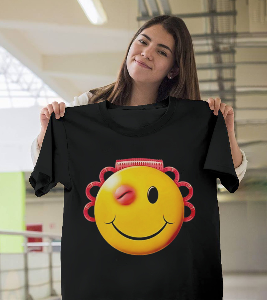 Winking Smiley Face Emoji With Hair Rollers T-Shirt