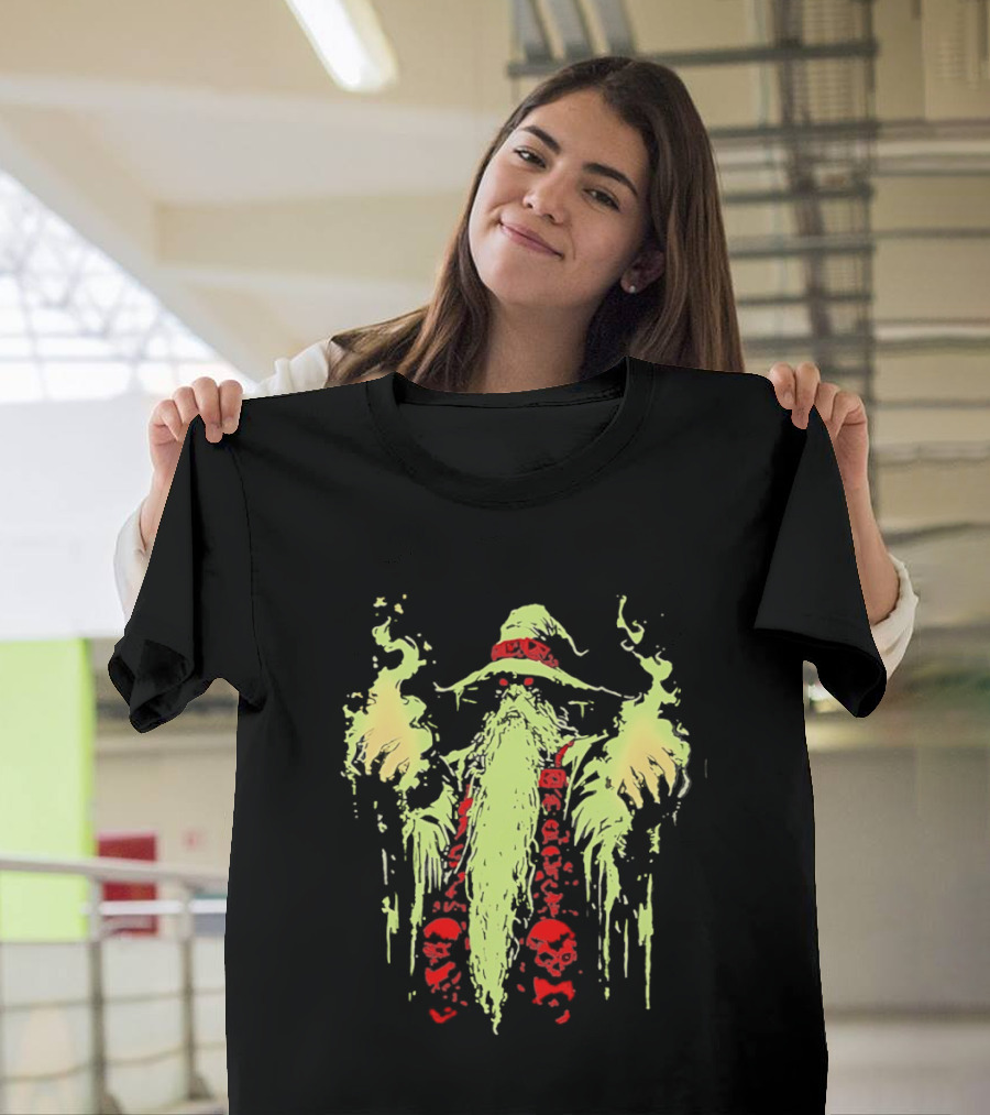 Necromancer Wizard With Glowing Green Fire And Red Skulls T-Shirt