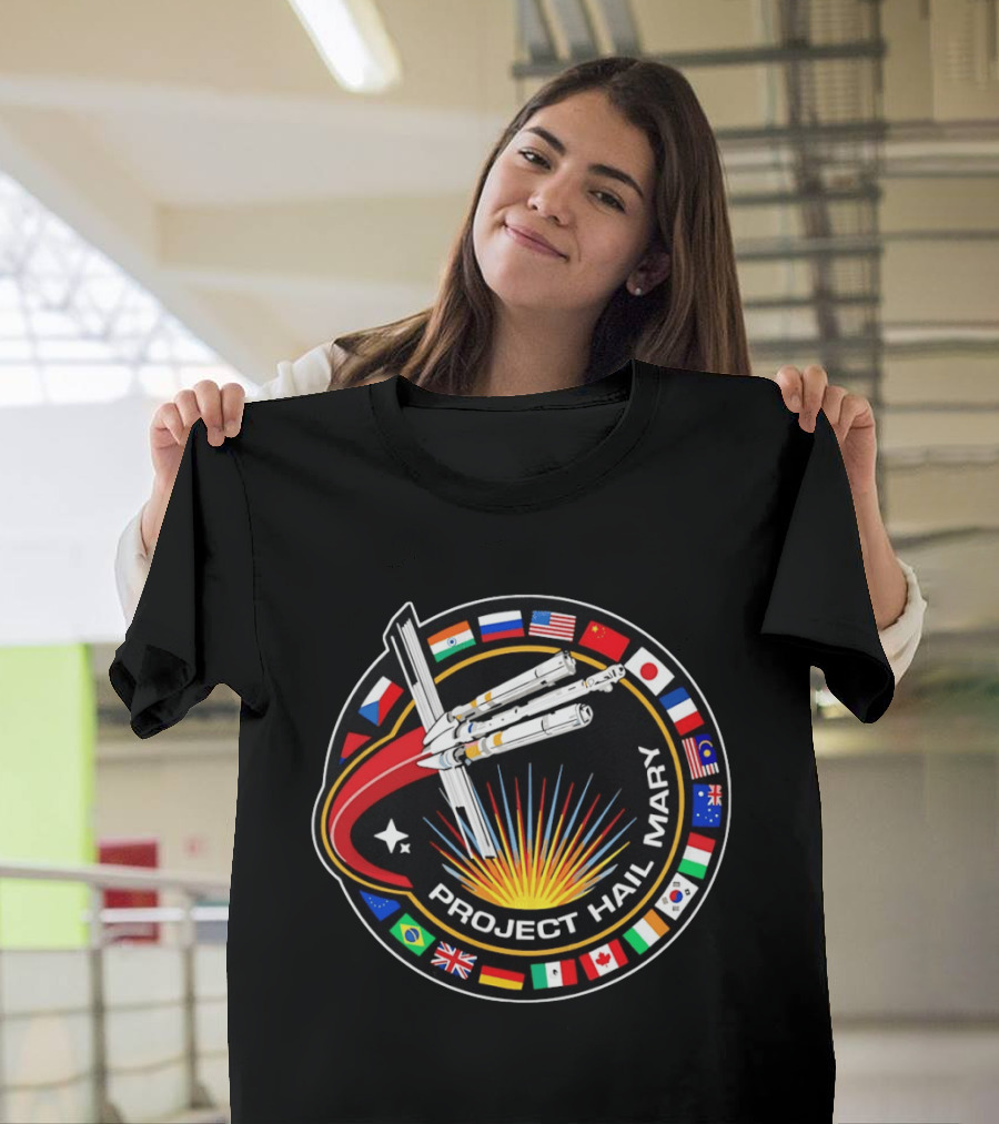Project Hail Mary Mission Patch With International Flags And Spacecraft T-Shirt