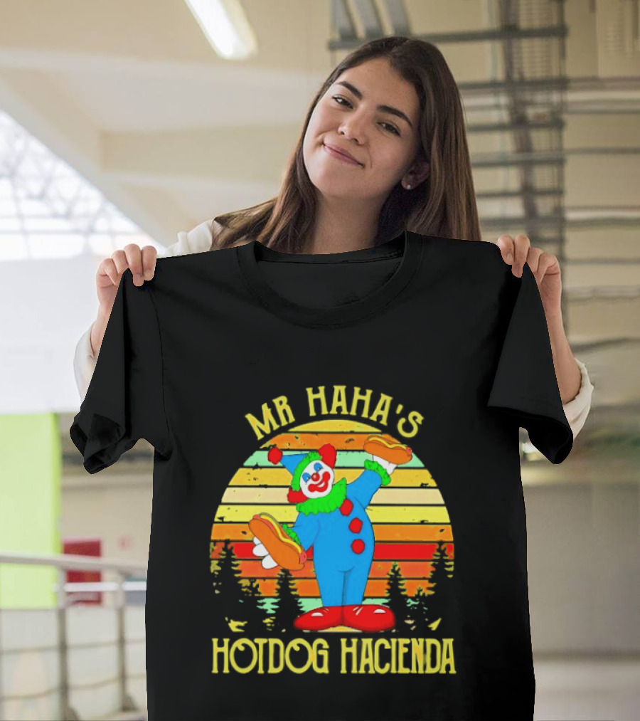 Mr Haha's Hotdog Hacienda Clown In Colorful Costume With Hot Dog T-Shirt