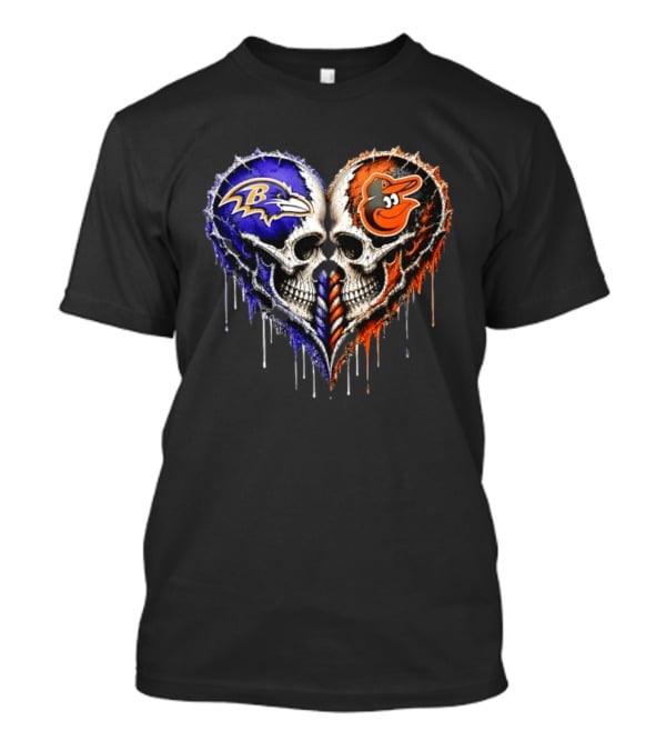 Baltimore Ravens And Baltimore Orioles Skull Heart T-Shirt