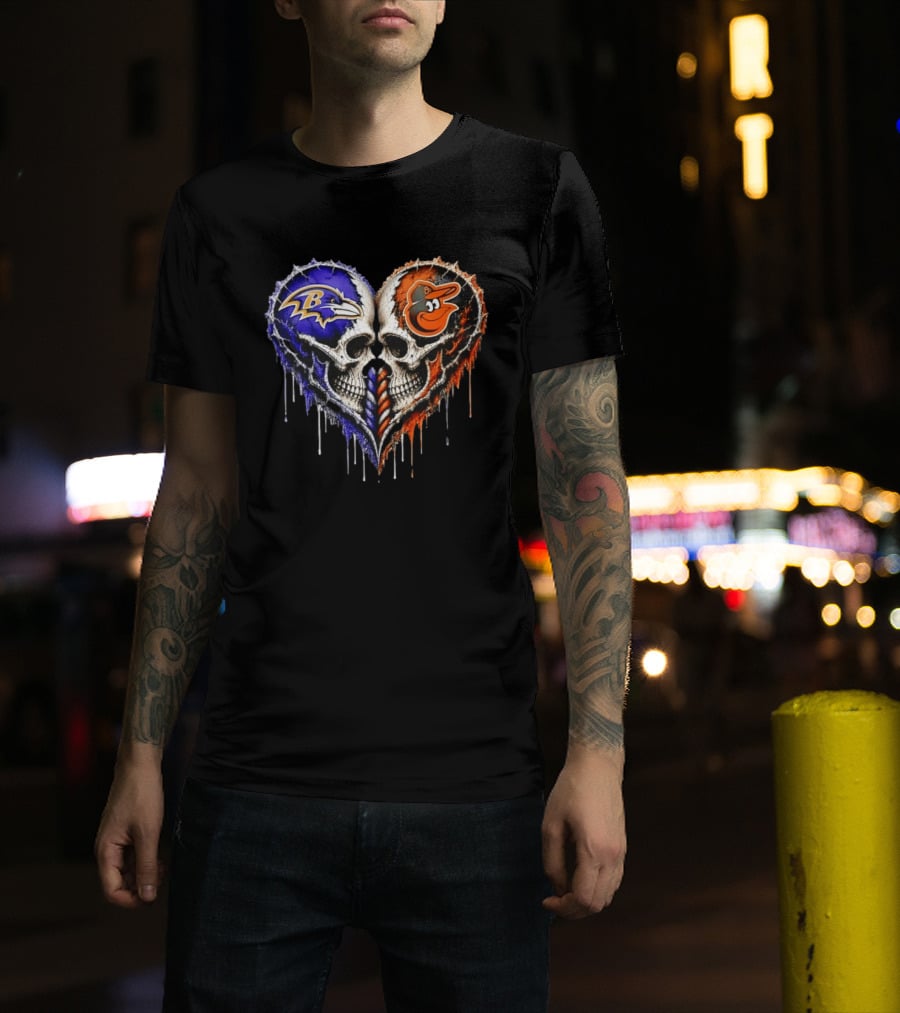 Baltimore Ravens And Baltimore Orioles Skull Heart T-Shirt